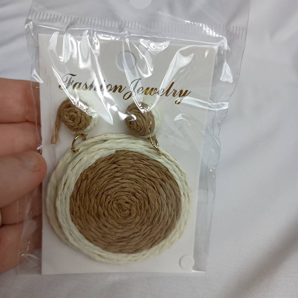 Handcrafted Brown‎ and Cream Woven Earrings (#0275)
